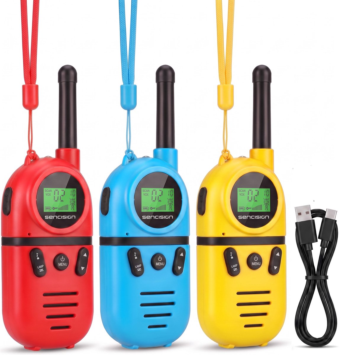 Sencision Walkie Talkie voor Kinderen Oplaadbaar - Portofoon - Walkie Talkie Oplaadbaar - Set van 3 - Tot 5 km Bereik - Zaklamp - Rood/Blauw/Geel