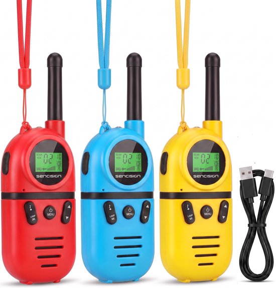 Drie oplaadbare walkie talkies in rood, blauw en geel, met USB-C kabels.