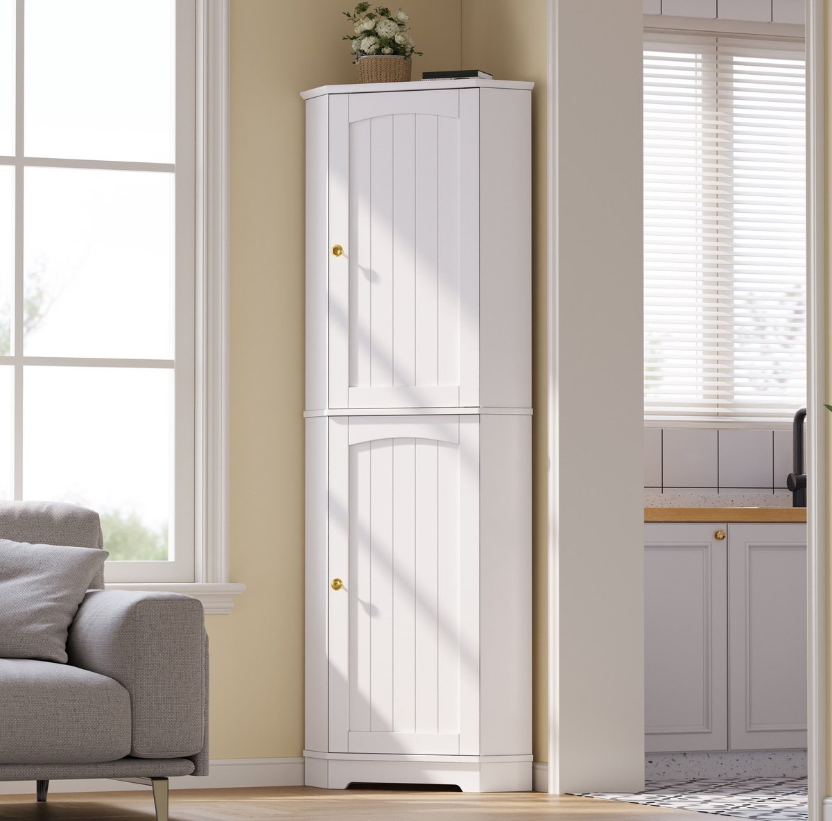 MIVRAY Hoekkast - 2 Deuren Met Verstelbare Planken - Voor Keuken, Woonkamer En Eetkamer - Wit MDF - 42 X 42 X 166 Cm