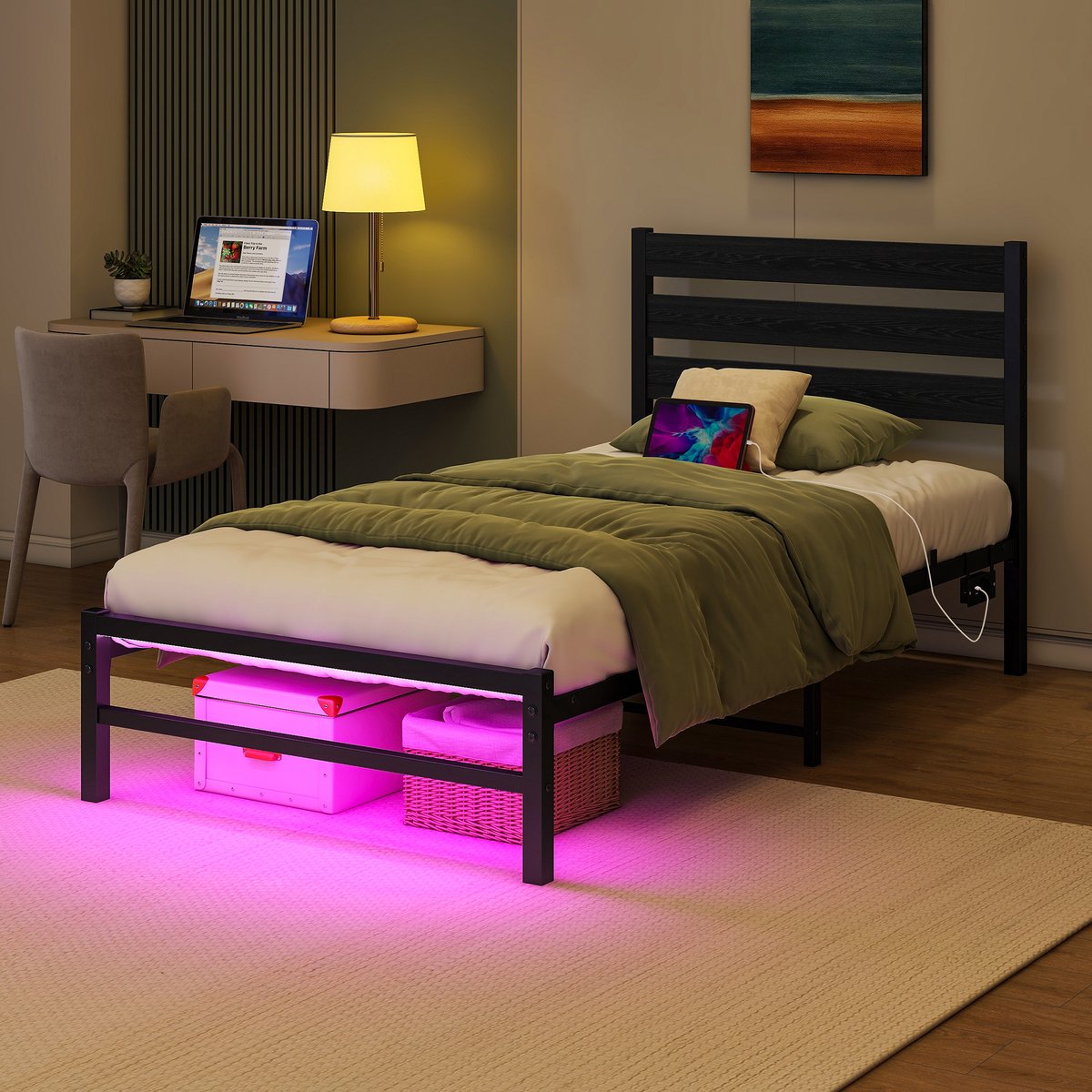 WUVRIE Metalen bedframe 90x200 cm met LED, USB en opbergruimte, zwart