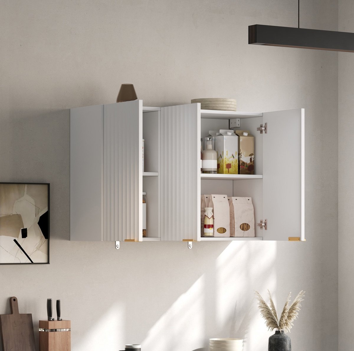 OKWISH Keukenkast - Wandkast Met 3 Deuren - Ruimtebesparende Bovenkast Voor Keuken Woonkamer Badkamer Of Wasruimte - MDF Wit - 90 x 29 x 60 cm
