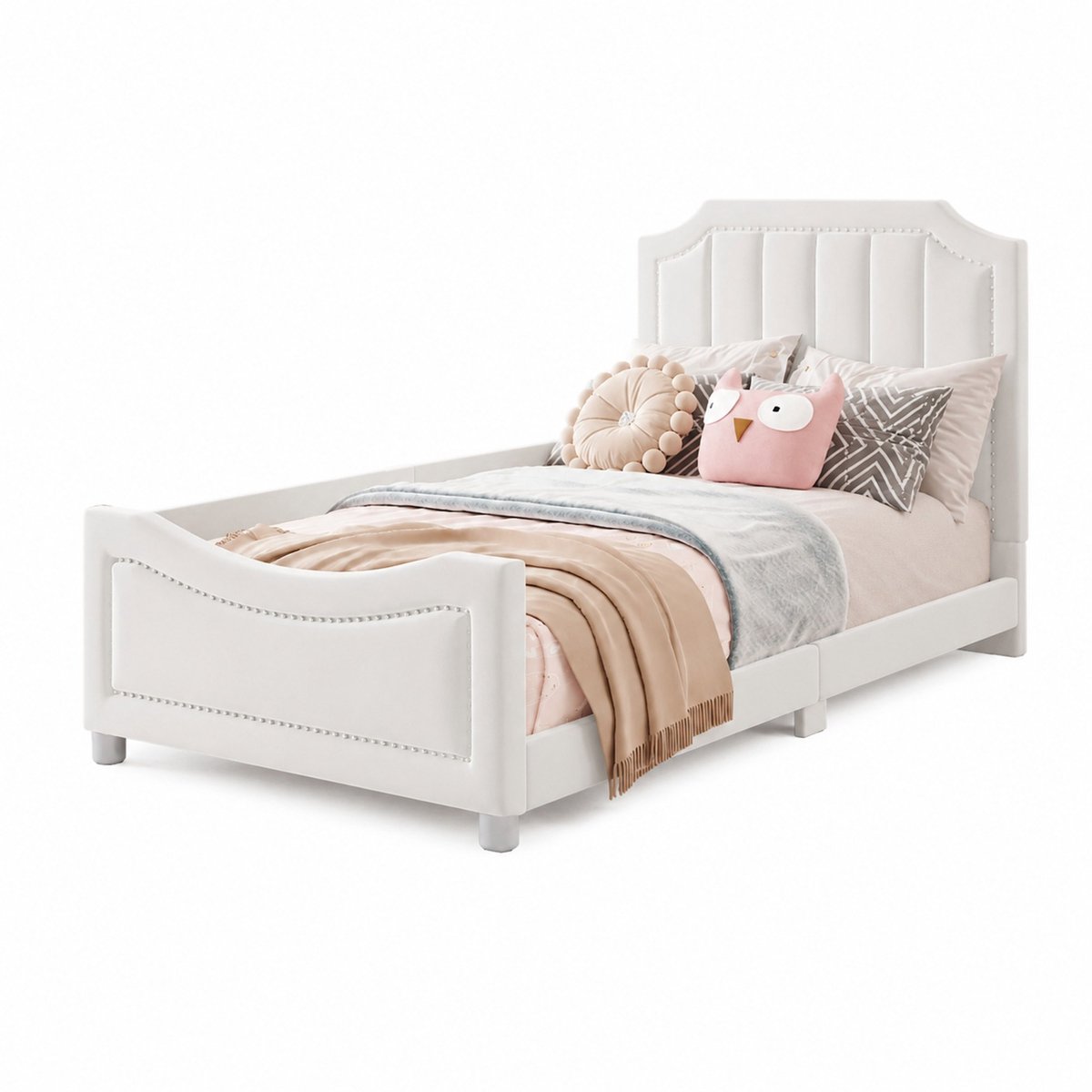 WUVRIE Kinderbed 90x200 cm met rugleuning, lattenbodem en flanellen bekleding, beige