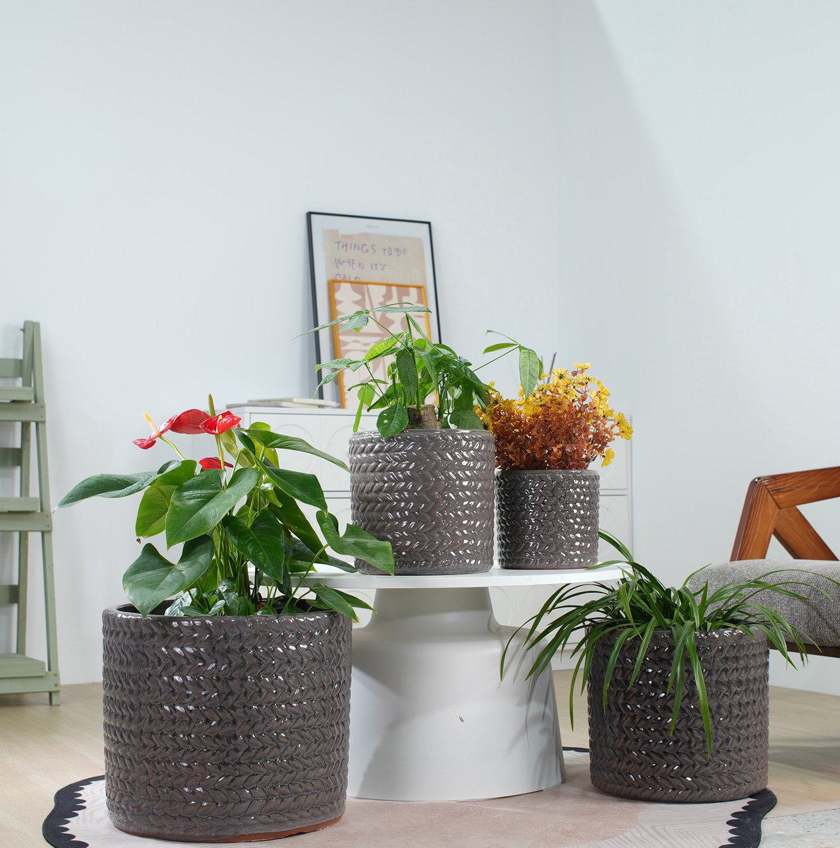 Bloempot – Glanzend Grijs Visgraatreliëf – 31 Cm – Keramiek – Voor Binnen En Buiten – Met Afvoergat – Voor Kruiden En Middelgrote Planten