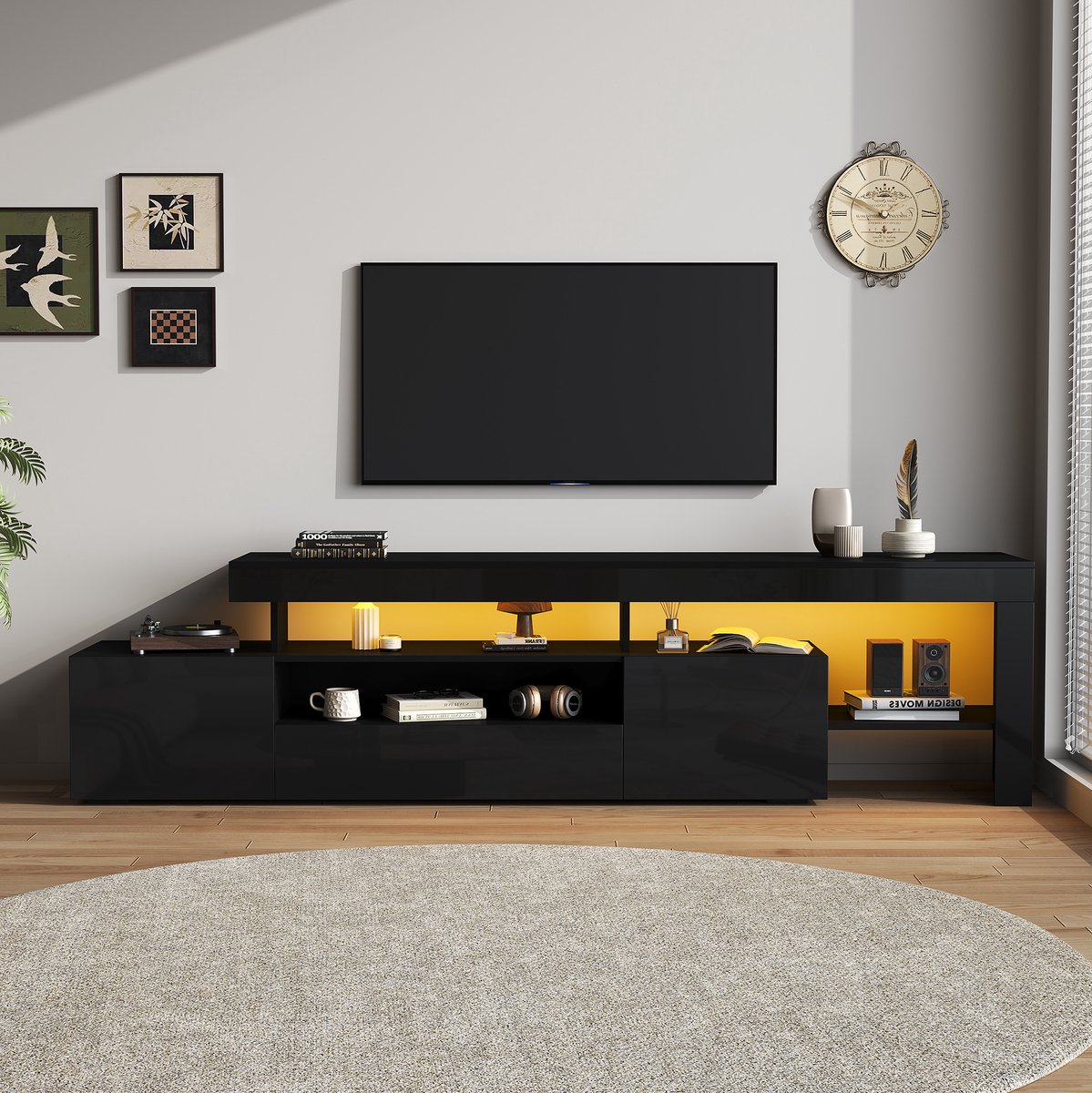 MODENUIT TV Meubel - Hoogglans Front Met LED En 3 Deuren - Voor Woonkamer - Spaanplaat - Zwart - 192x37x53 Cm