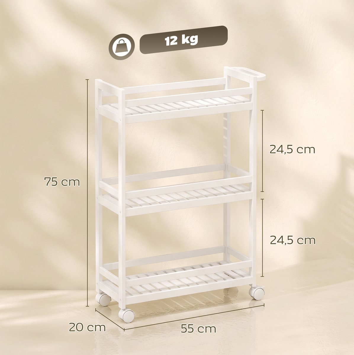 REDOM- Serveerwagen - 3 etages met lamellenplanken en opstaande rand - met 4 wielen en remmen - voor keuken badkamer en woonkamer - Bamboe - 55 x 20 x 75 cm
