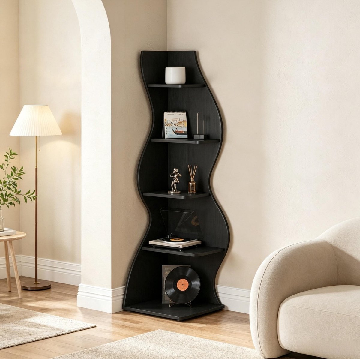 REDOM - Boekenkast - 5-laags hoekrek - Verstelbare planken - Open opbergruimte - Moderne stijl - Woonkamer of kantoor - Hout - Zwart - 112 x 56 x 56 cm