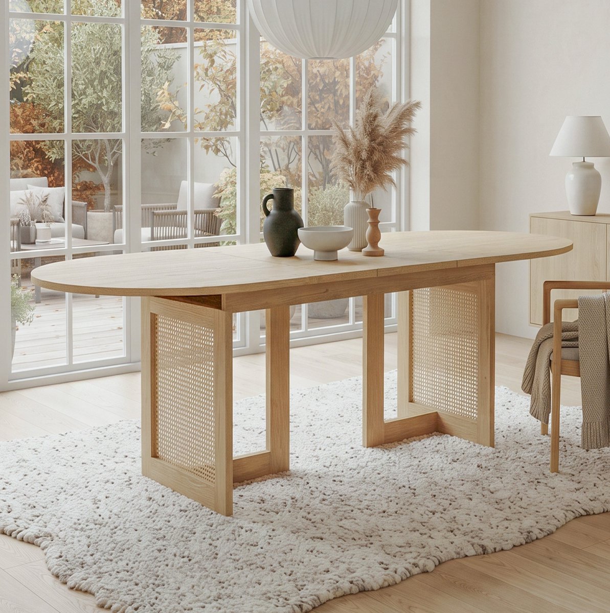 Wishdor Eettafel - Uitschuifbaar en ovaal - Afgeronde randen en rattan poten - Scandinavisch japandi - Eetkamer woonkamer - MDF - Eiken - 200 x 90 x 75 cm