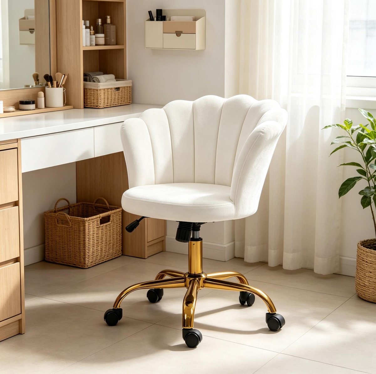 REDOM - Bureaustoel met bladvormige rugleuning - Hoogteverstelbaar en draaibaar - Zonder armleuningen - Moderne stijl - Salon en werkruimte - Velours en metaal - Wit - 69 x 64 x 80-90 cm