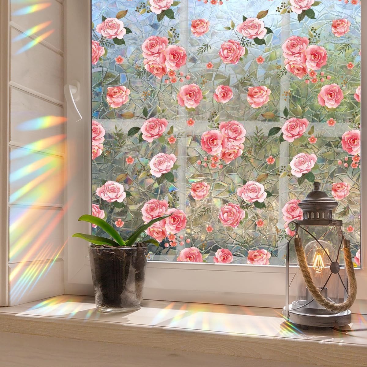 Privacy Film voor Raamdecoratie met Roze Rozen en 3D Effect - Statistisch Vinyl voor Stained Glass - 17 x 40 Inch