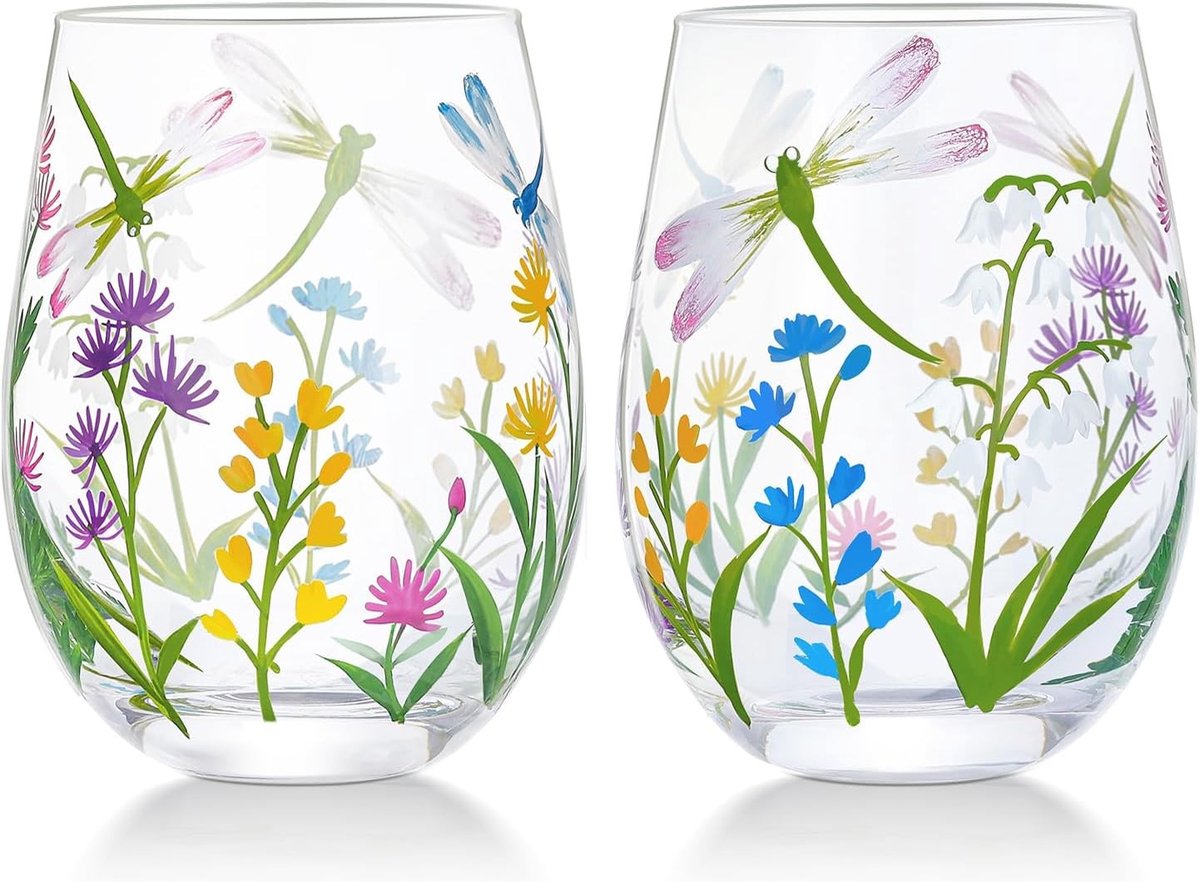 Handgeschilderde Stemloze Wijnglazen 18oz Set van 2 met Libelle en Bloemen - Persoonlijke Verjaardagscadeaus voor Haarliefhebbers en Wijnliefhebbers