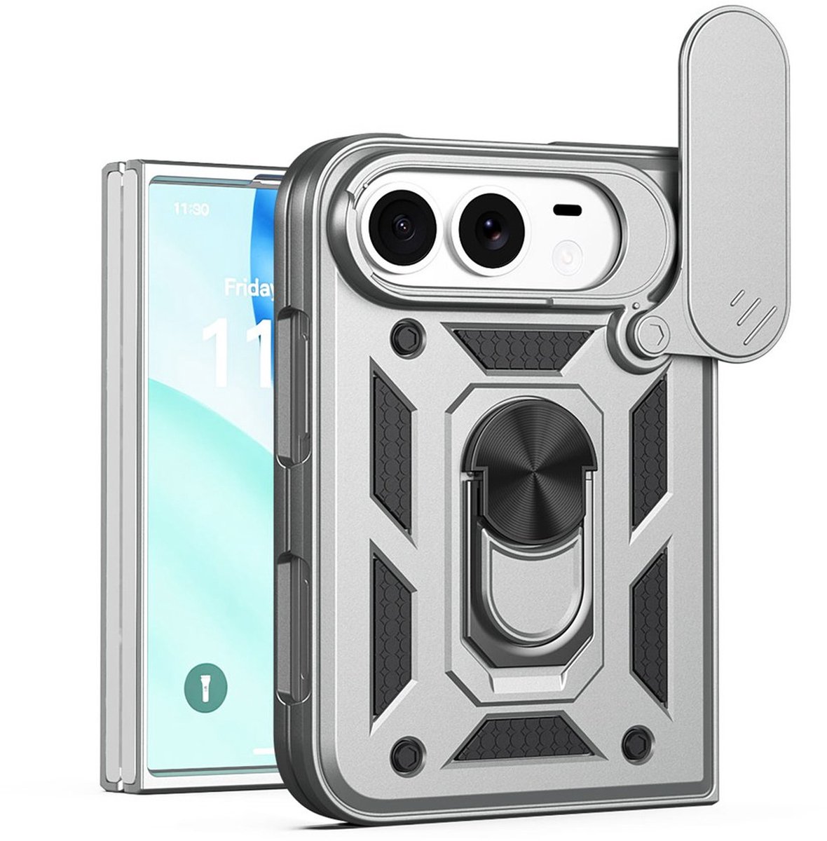 MobyDefend Hoesje - Geschikt voor iPhone Fold - Pantsercase Met Draaibare Ring - Zilvergrijs