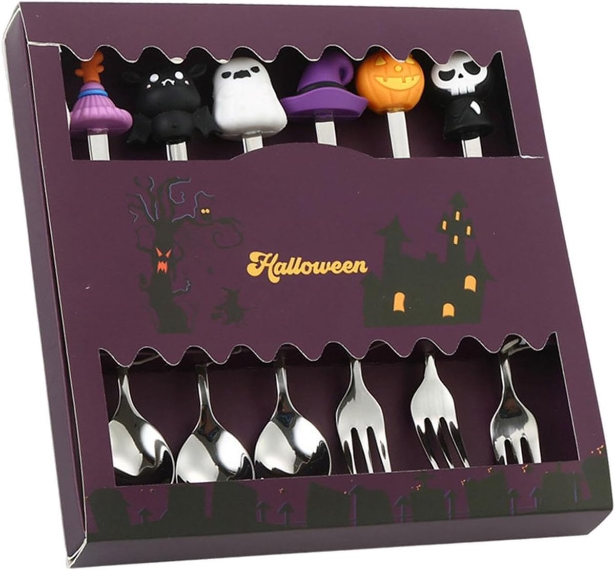 Halloween bestekset (lepel en vork), herbruikbaar en draagbaar, roestvrij staal, feestelijke kartonnen verpakking, perfect als Halloween cadeau, zilverkleurig, 6 stuks