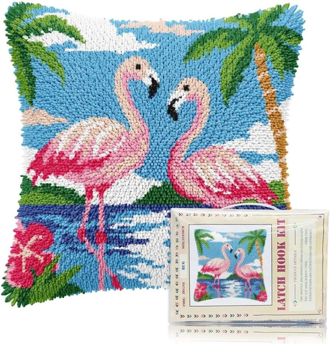 Latch Hook Kussen Kit DIY Kussenhoes met Flamingo Patroon voor Volwassenen, Handgemaakt Kussen voor Thuis en Bank, 17x17 inch