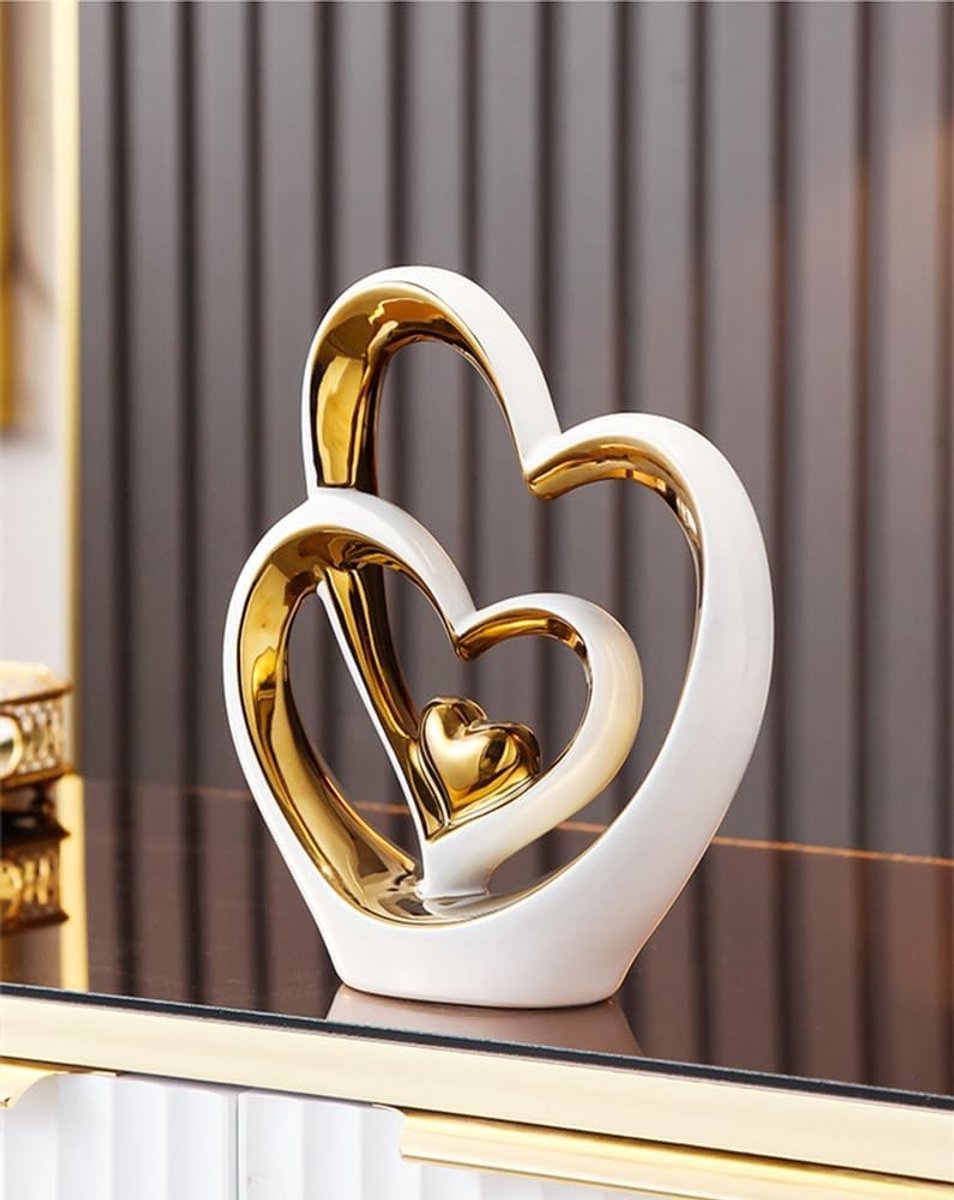 Elegante keramische figuur met dubbele hartvorm, decoratieve sculptuur voor huis, woonkamer en kantoor, perfect als cadeau voor elke gelegenheid.