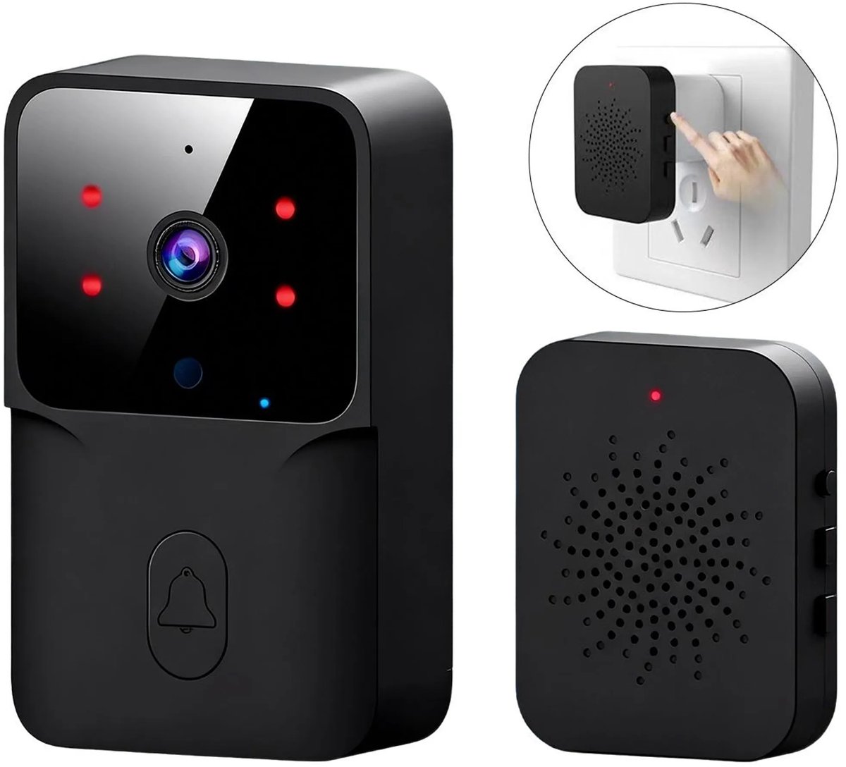 Draadloze videodeurbel met camera, wifi-connectiviteit, nachtzicht en tweewegs spraakcommunicatie; 1:1 beeldhoek.