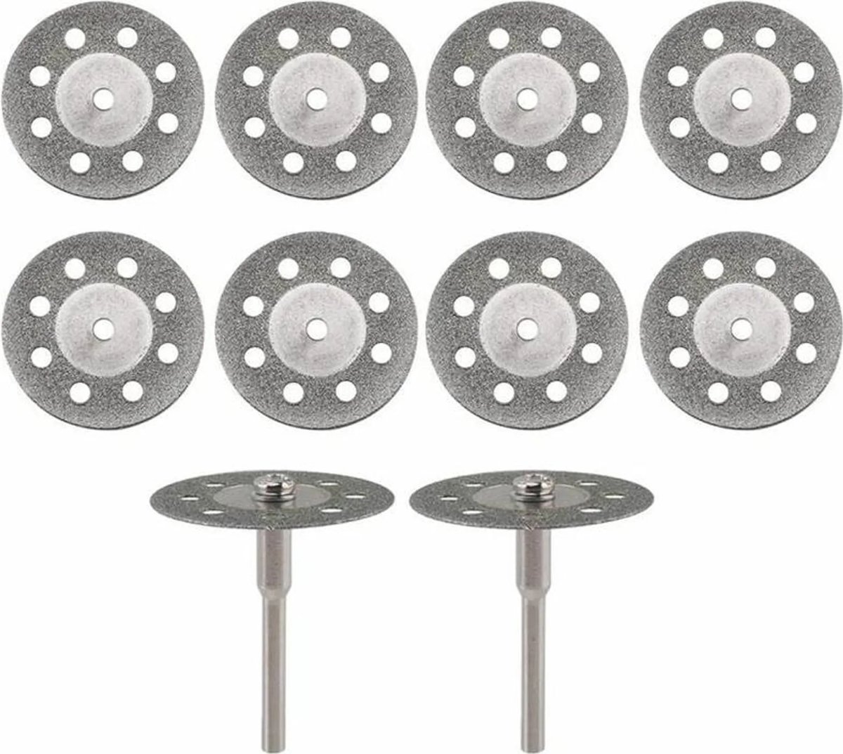 10 diamantslijpschijven, 22 mm diameter, en 2 vervangende doornen, 3 mm diameter, geschikt voor Dremel roterend gereedschap, model: zilver.
