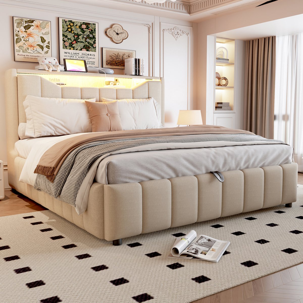 Gestoffeerd Bed 140 X 200 Cm Met Hydraulische Opbergruimte, Led Verlichting, Usb En Usb C Oplaadpunten, Tweepersoons, Beige, Zonder Matras