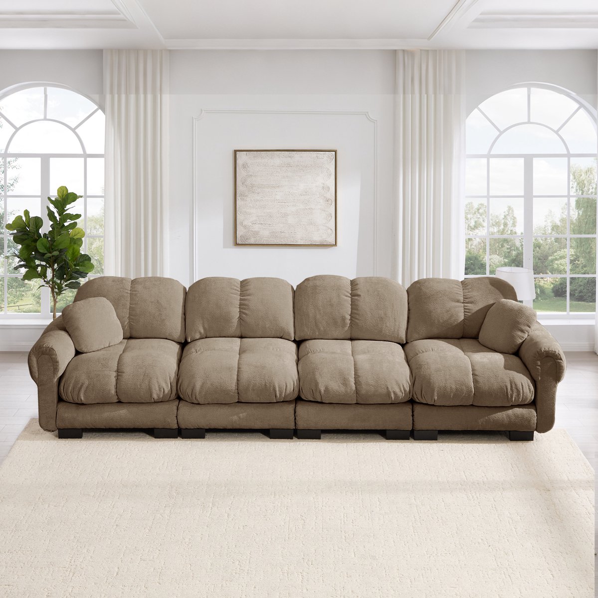Wishdor 4-zits bank - Steppdesign met armleuningen en dikke zitkussens - Zachte chenille en ergonomische rugleuning - Woonkamer - Bruin - 330 x 86 x 90 cm