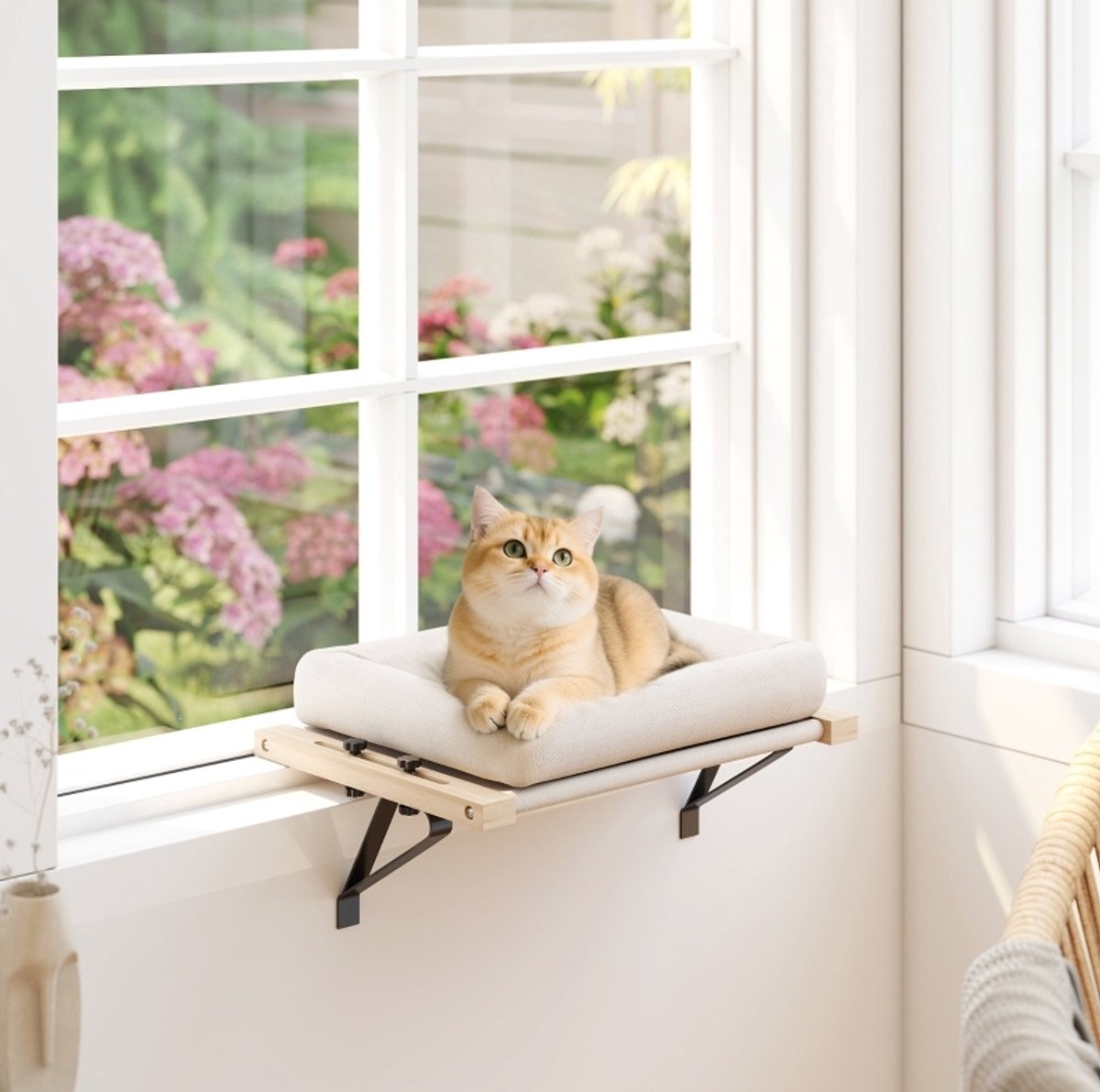 MODFU-Kattenmand-Verstelbare Beugel-Kussen-Crème Wit-Hout