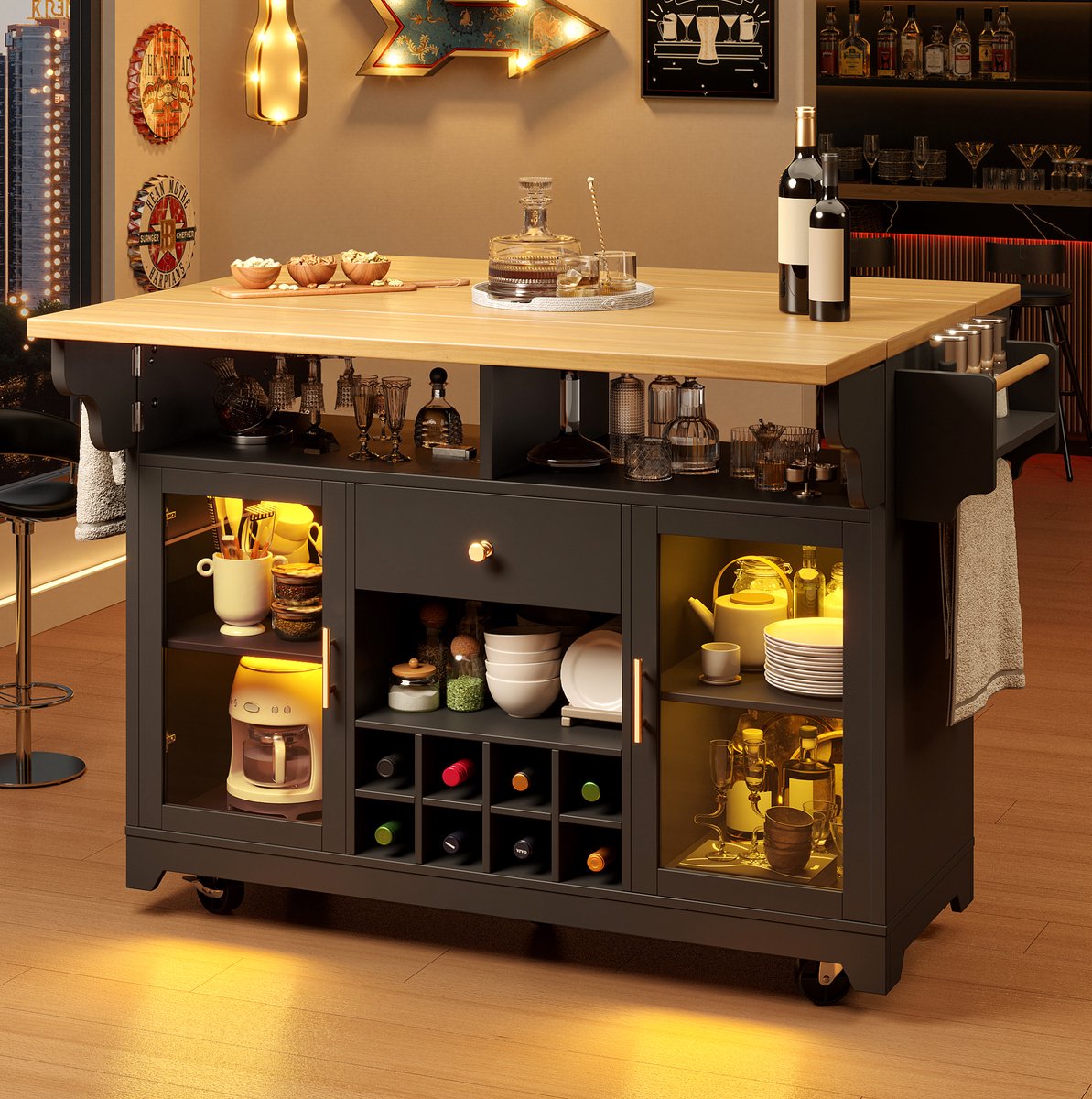 REDOM- Wijnrek - Servierwagen met RGB LED verlichting - Dubbel uitklapbare tafelbladen - Verstelbare planken en mobiel wijnrek voor 3 flessen - Keuken en woonkamer - Metaal en Hout - Zwart - 120 x 80 x 95 cm