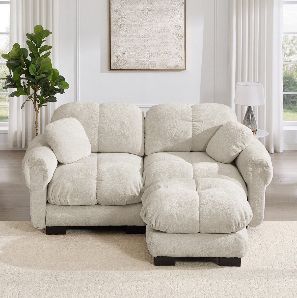 Wishdor Hoekbank - Modulair 2-zits - L-vorm met verplaatsbare ottomane - Gestikt design - Woonkamer - Chenille stof - Licht kaki - 190 x 149 x 90 cm