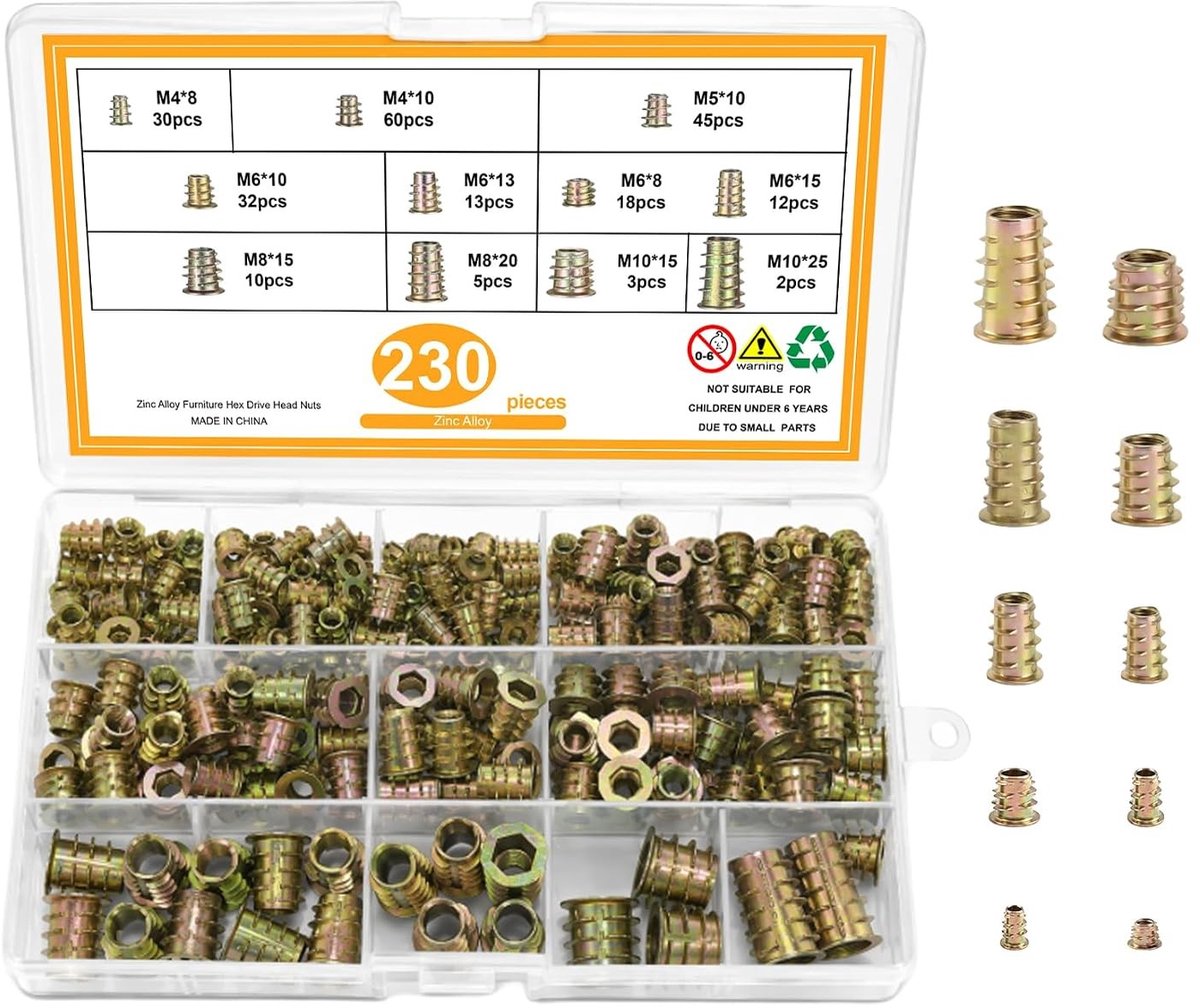 230 Stuks Schroefmoeren M4 M5 M6 M8 M10 van Zinklegering voor Houtbewerking en Meubelmontage