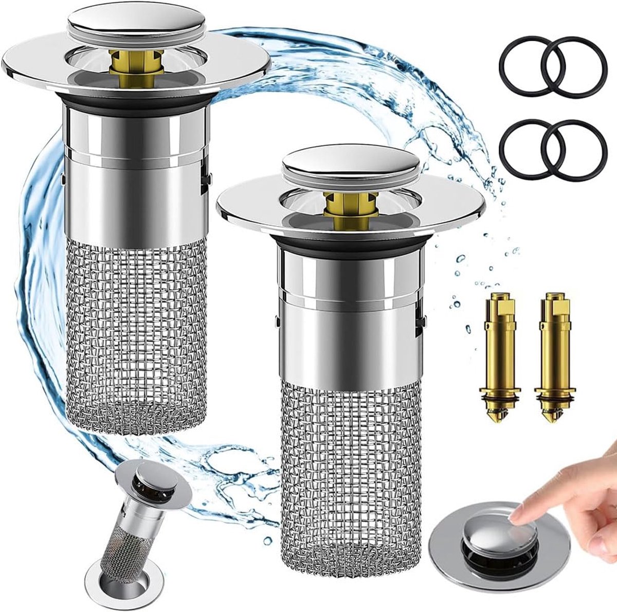 Wastafelstop - RVS - Met zeef - Voor afvoer - 34-40 mm