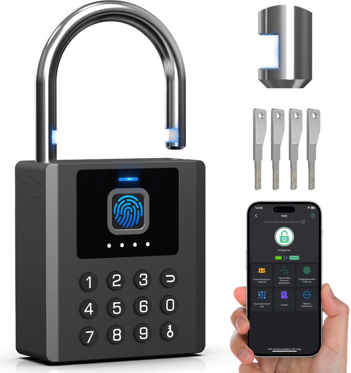 Hangslot - Met Vingerafdruk & Cijfercode - Weerbestendig - Sterke 8 mm Beugel - Voor Poorten, Hekken, Schuren, Garages, Tuin & Lockers