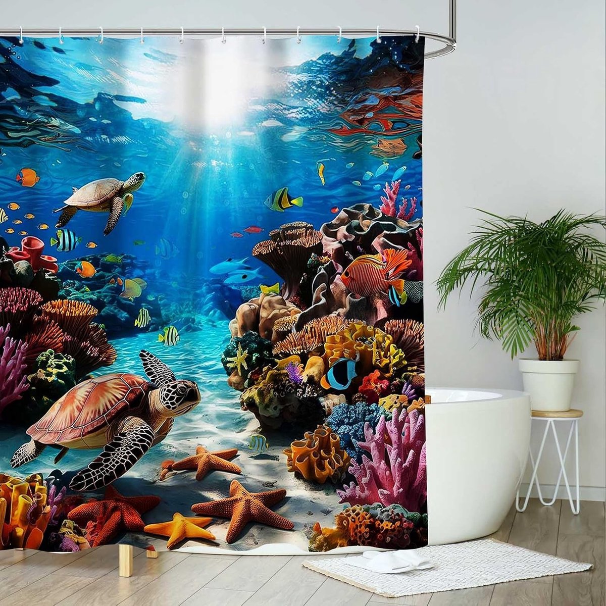 Onderwaterwereld Douchegordijn met Blauwe Zee, Koraal, Dieren en Zeeschildpad - Duurzaam Polyester 180x180cm met 12 Haakjes