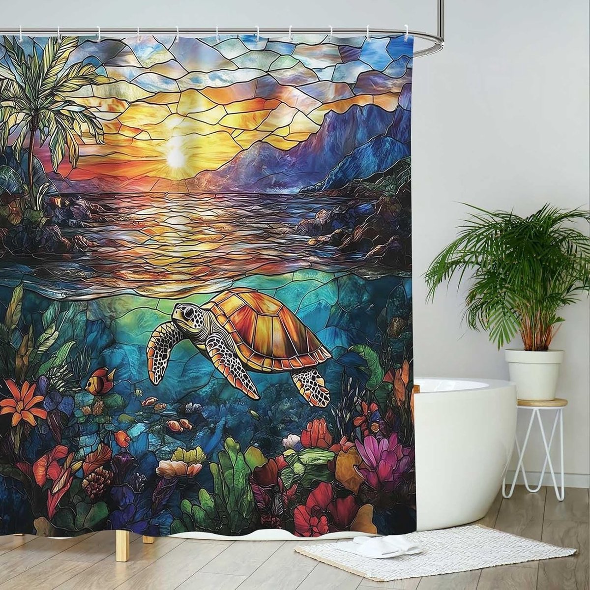 Turtle Douchegordijn met Gevlekt Glas Design, Nautisch Blauw Oceaan Thema, Duurzaam Polyester, Inclusief 12 Haakjes, 180 x 180 cm