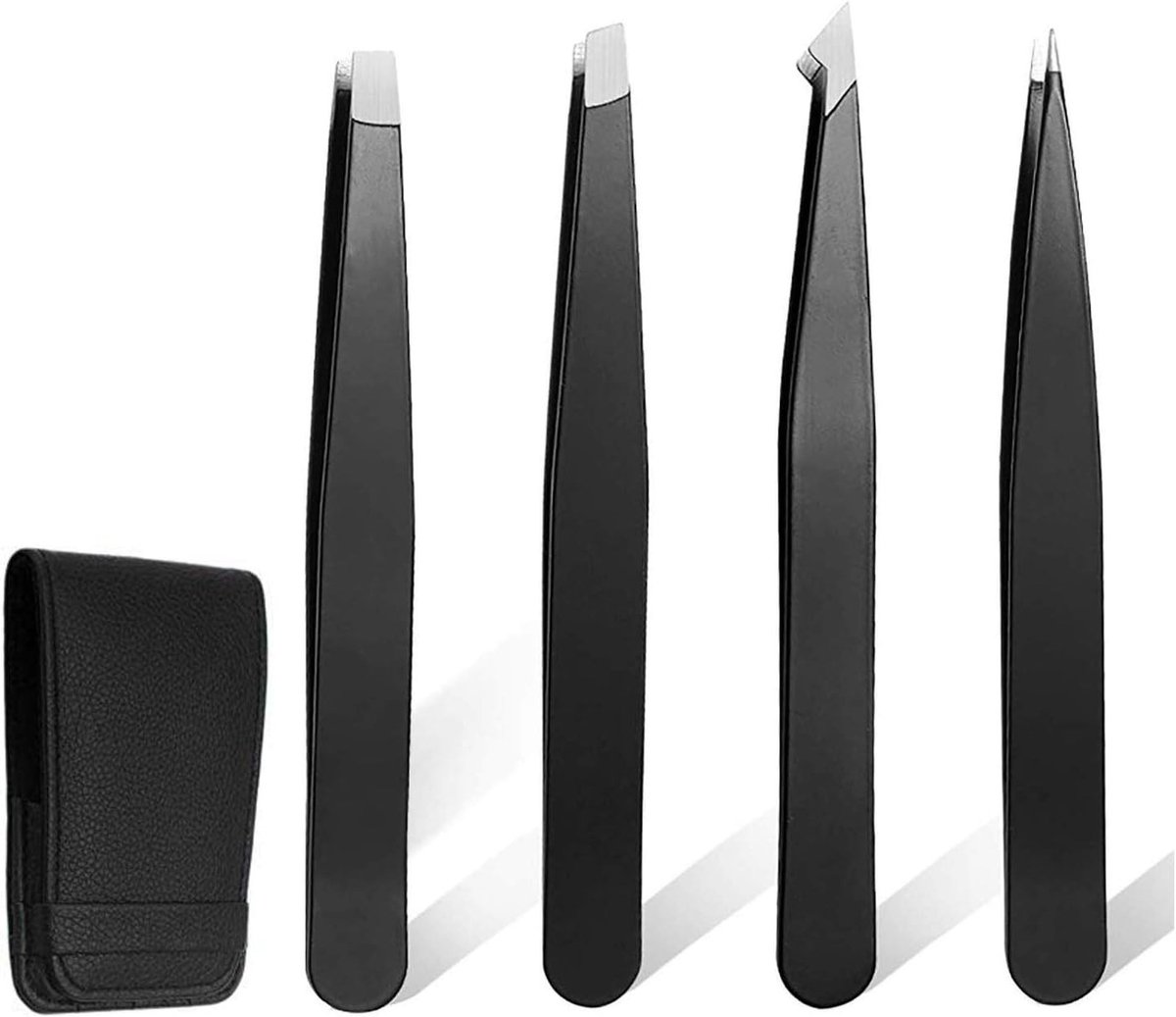 Set van 4 professionele wenkbrauwpincetten met etui voor precisie, grip en epileren