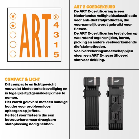 VINZ Pamir ART 2 Vouwslot - Fietsslot - Goedgekeurd Elektrische Fiets & Fatbike slot - Licht ART 2 Slot - Met uitsparing voor Airtag / GPS Tracker - 96cm van VINZ — afbeelding 3