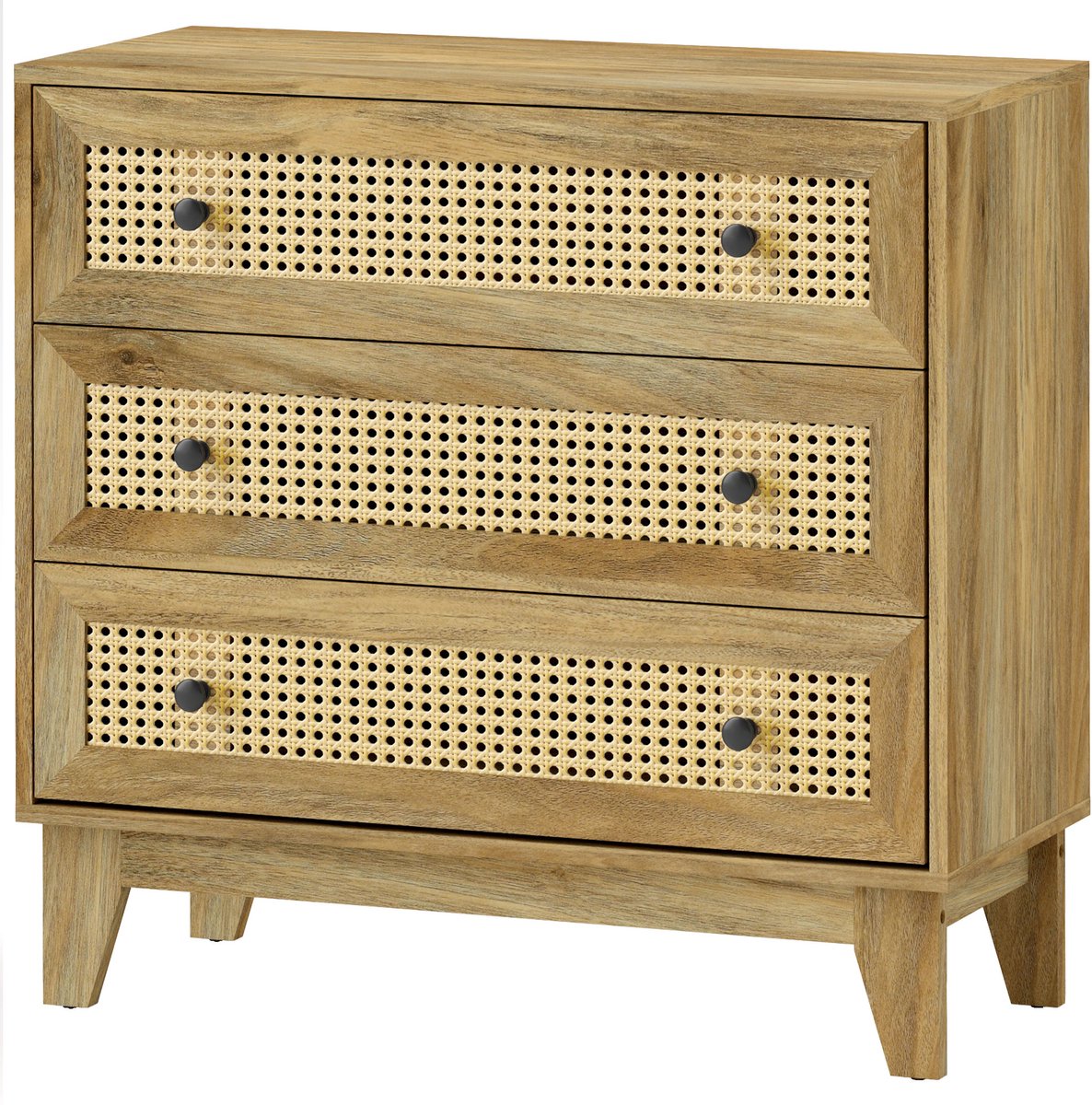 Commode met 3 lades - opbergmeubel met rotan frame in lichte houtlook - 80 x 35 x 76 cm