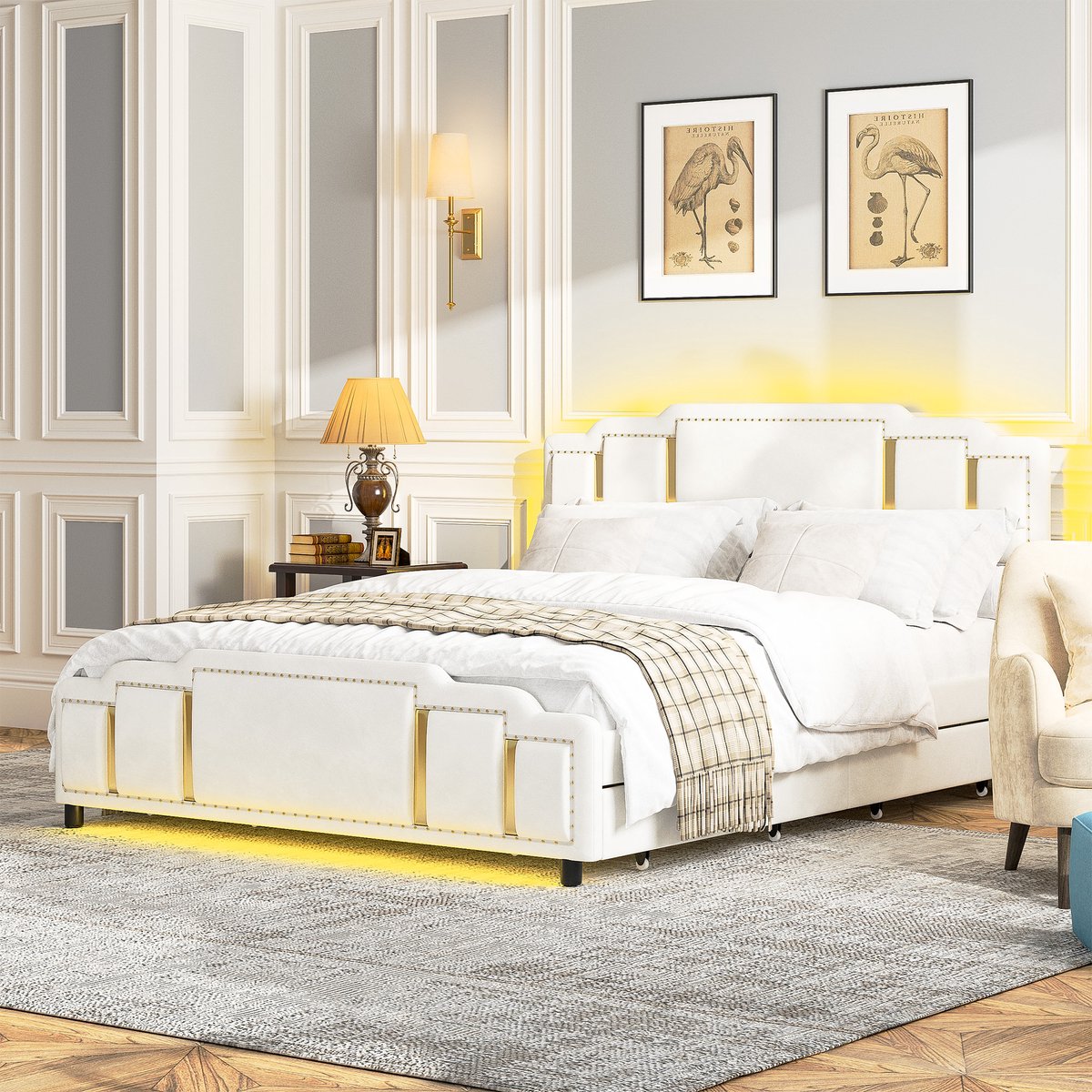 Clruro Opbergbed - 140x200 cm - met Laden - Gouden Sierlijsten - Fluweel - Beige