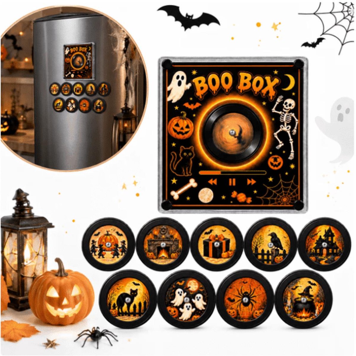 Magnetische Halloween Muziekdoos voor Koelkast - met 9 NFC Mini Vinylplaten LED-licht - Afspeelmogelijkheid Zonder Telefoon - NFC Magnetische Muziekdoos Set - Oplaadbaar - Sfeervolle Retro - Perfect kerstcadeau - herbruikbaar - Halloween decoraties