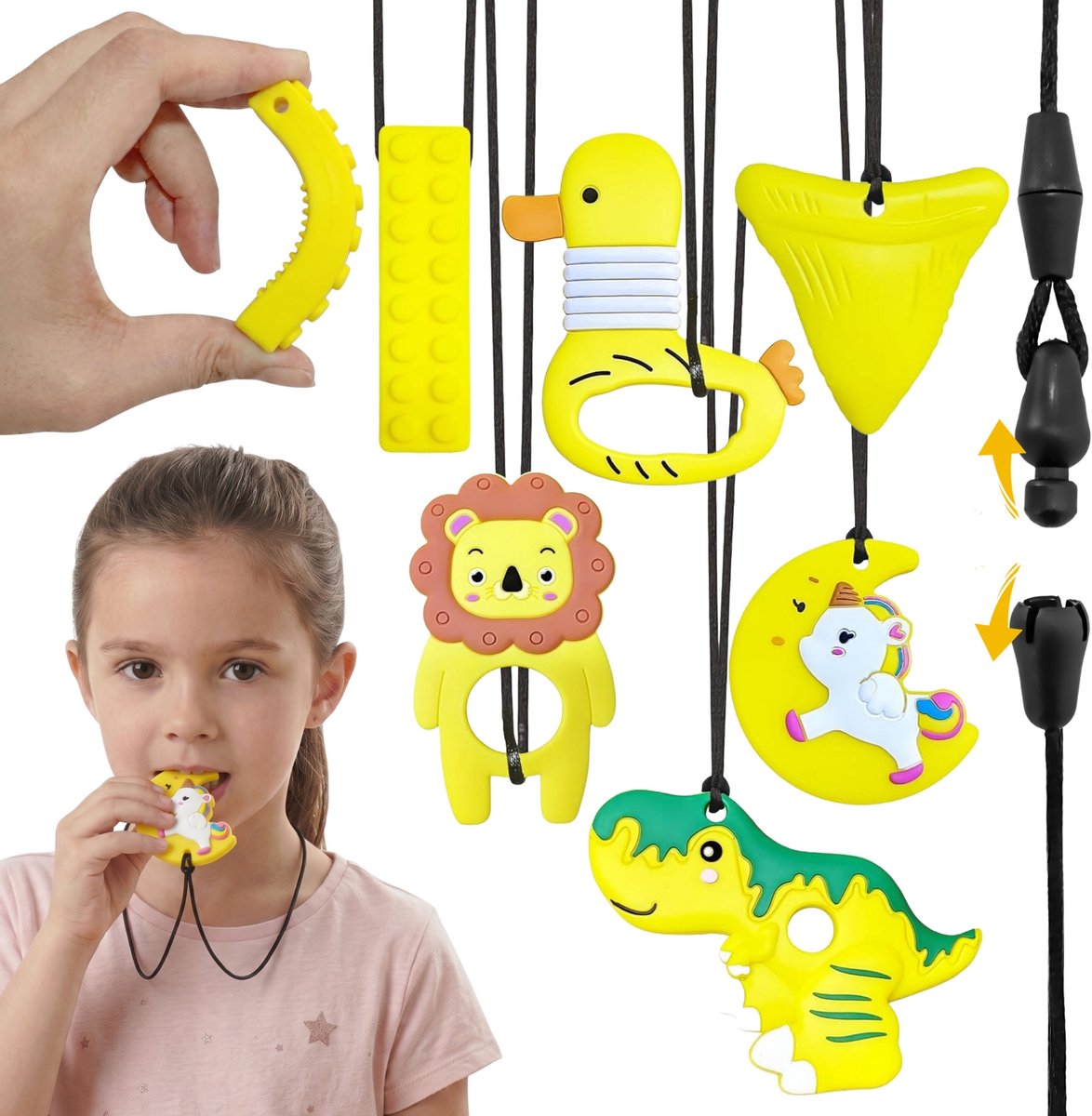 CLDY Gele SENSORISCHE bijtring SET voor kinderen, THERAPEUTISCHE ketting, SILICONEN bijtring - 6 st