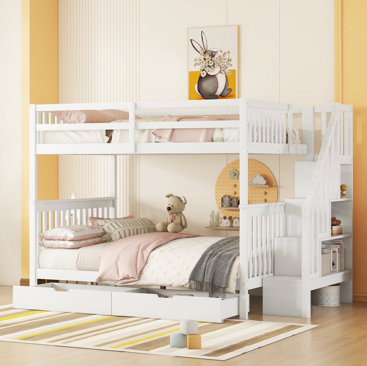 COVREO Stapelbed met trap en 2 lades – 140x200 cm – Kinderbed van hout en MDF – met opbergruimte – Wit - zonder matras