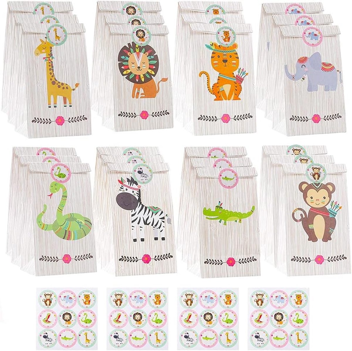 Dierenthema Feesttassen Set van 24 Stuks met 36 Dierenstickers voor Kinderen - Ideaal voor Verjaardagsfeestjes, Kerst en Halloween