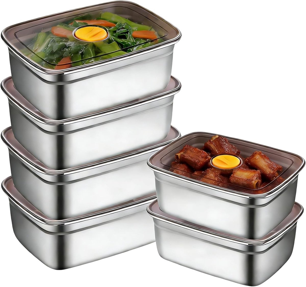 Set van 6 Opbergdozen met Deksel, 1000 ml, 18.5 x 13.5 x 5.5 cm, RVS Voedselopslag, Lekvrij en Ideaal voor Pizza en Snacks