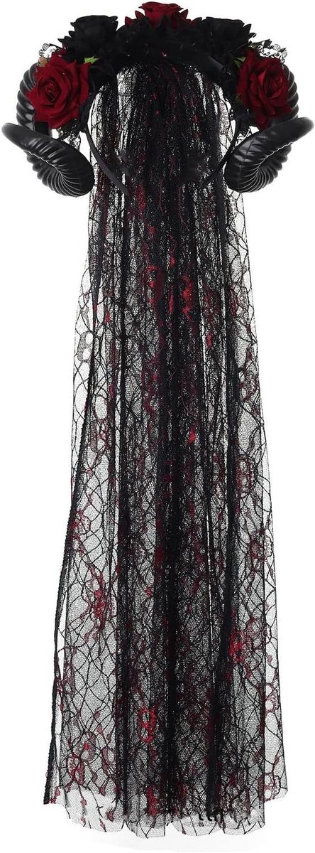 Halloween haarband met hoorns en sluier voor Dia de los Muertos - Gothic kostuumaccessoires, bloemenkronen en doden dag hoofdtooi voor dames