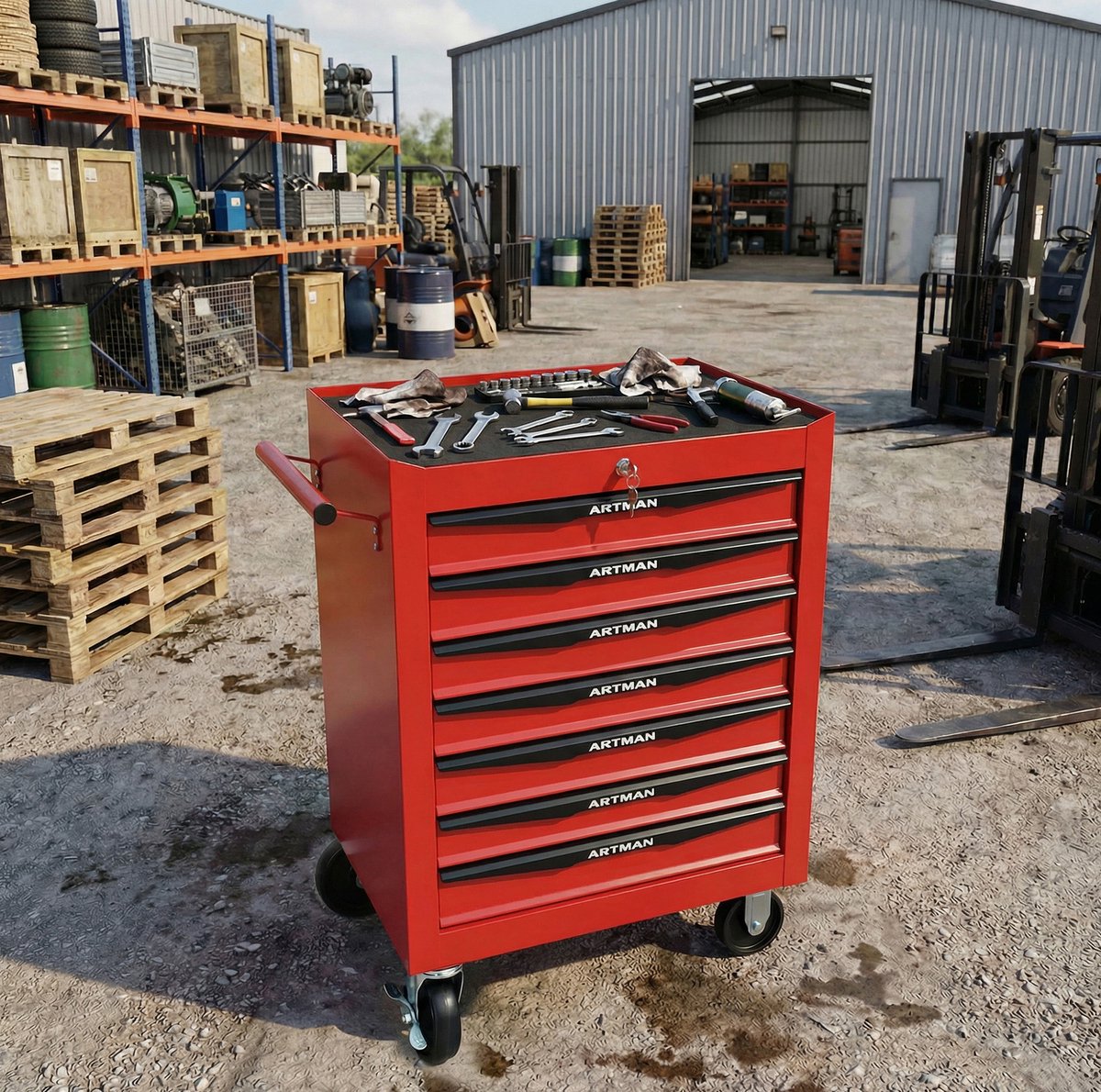 MODFU - Gereedschapskar - 7 Lades - Kogelgelagerd - Met Wielen - Staal - Rood Zwart