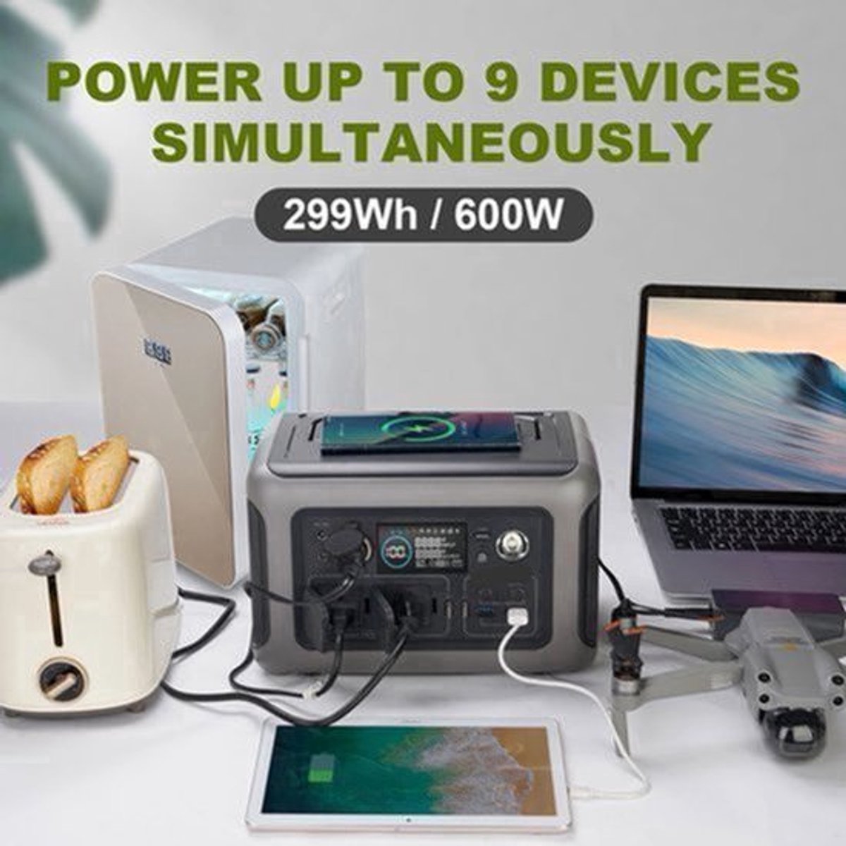 Powerstation - Generator - Aggregaat - Powerbank - Draagbare - 299Wh LiFePO4 - 600W AC Uitgang en 200W Zonnepaneel - voor Outdoor, Kamperen en Back-up Stroom