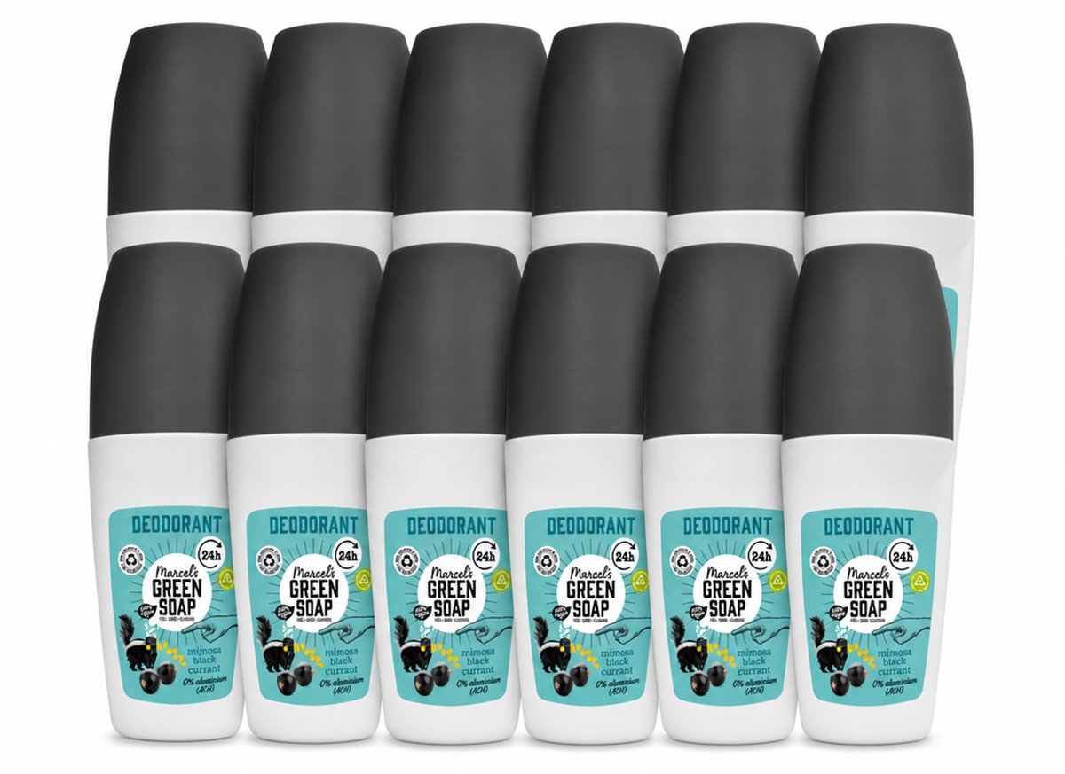 12 x Marcel's Green Soap - Deodorant Roller - Mimosa & Blackcurrant - Langdurige frisheid - 50 ml - Voordeelverpakking - 12 stuks