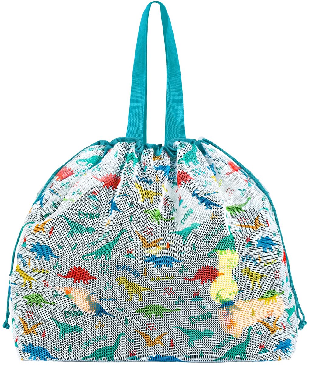 Mesh Net tas - Opvouwbaar Lichtgewicht met Trekkoord - Voor Strandspeelgoed, Zwembad, Reizen en Zomerbenodigdheden - Dames en Kinderen - Groen Dino