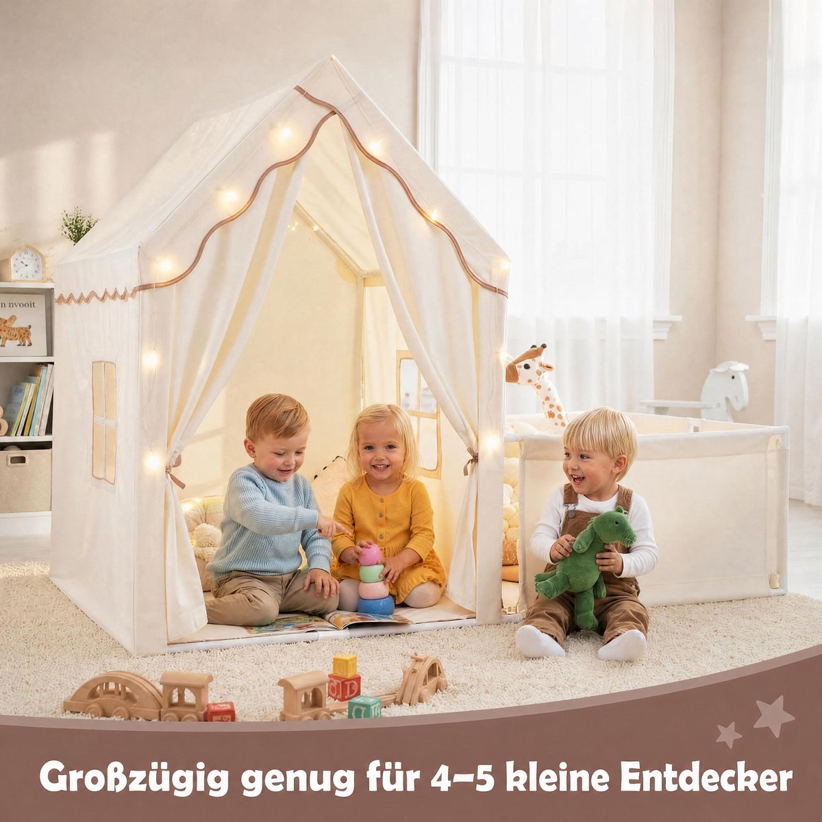 COSTWAY 2-in-1 kindertent met looprek, kinderspeelhuis voor binnen met mat & lichtketting, grote kinderspeeltent, speelgebied 177 x 97 x 136 cm, tent kinderkamer voor jongens en meisjes (beige) — cadeau in Spellen & Speelgoed - foto 3
