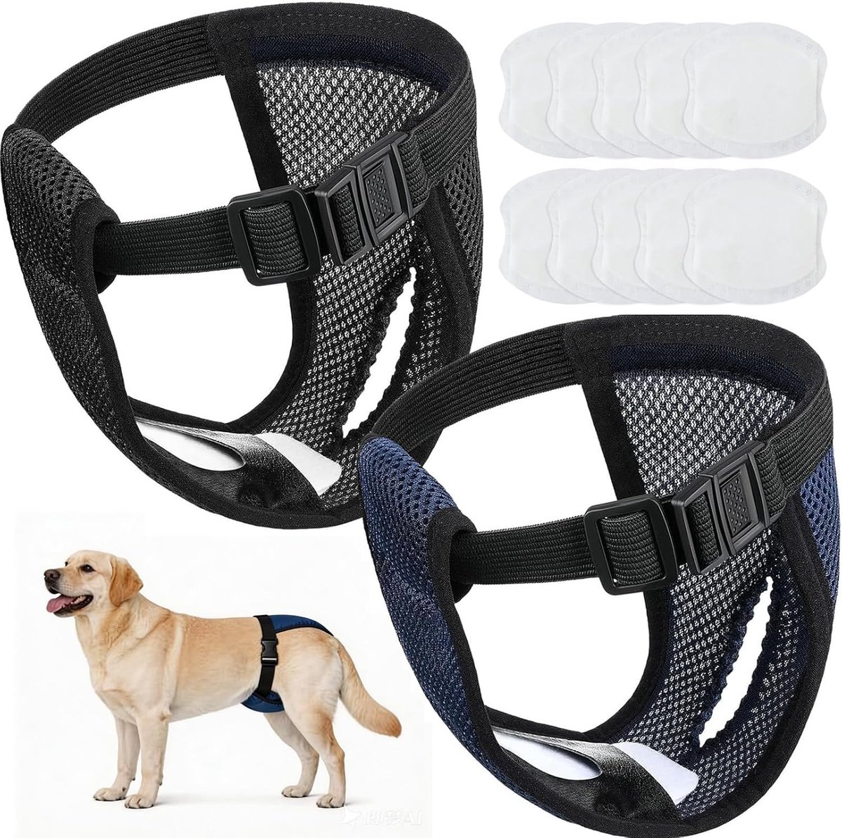 Hernieuwbare Hondenluier voor Mannelijke en Vrouwelijke Honden, Verstelbare en Wasbare Hondenbroekjes met 10 Inlegkruisjes voor Maandelijkse Bloedingen en Incontinentie (XL, 33-50 kg)