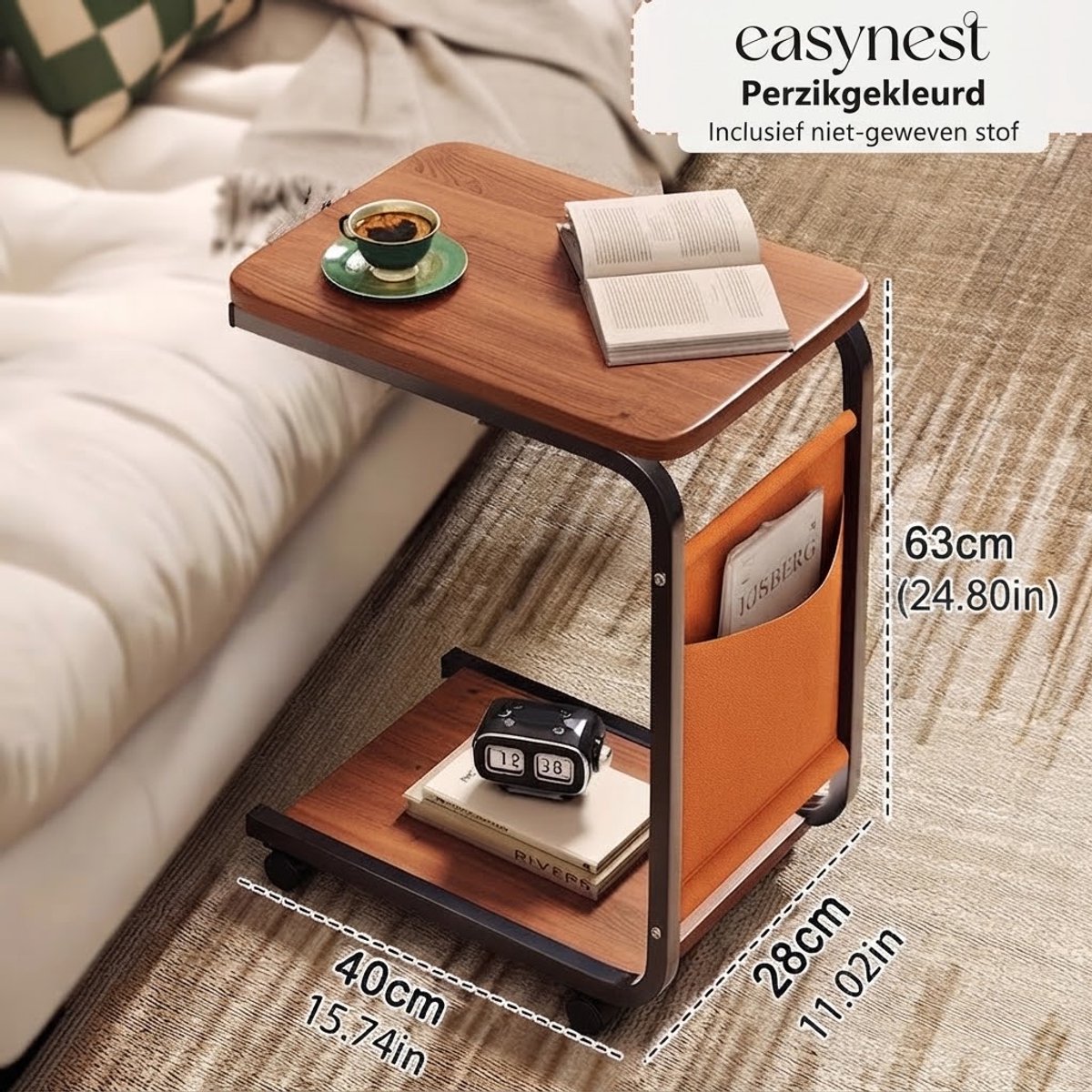 Verrijdbare Bijzettafel met Opbergnet – C-Vormige Roltafel met Houten Blad & Zwenkwielen – Banktafel en Nachtkastje – Smalle Zijtafel voor Bank, Bed & Fauteuil – Metalen Frame – Woonkamer & Slaapkamer