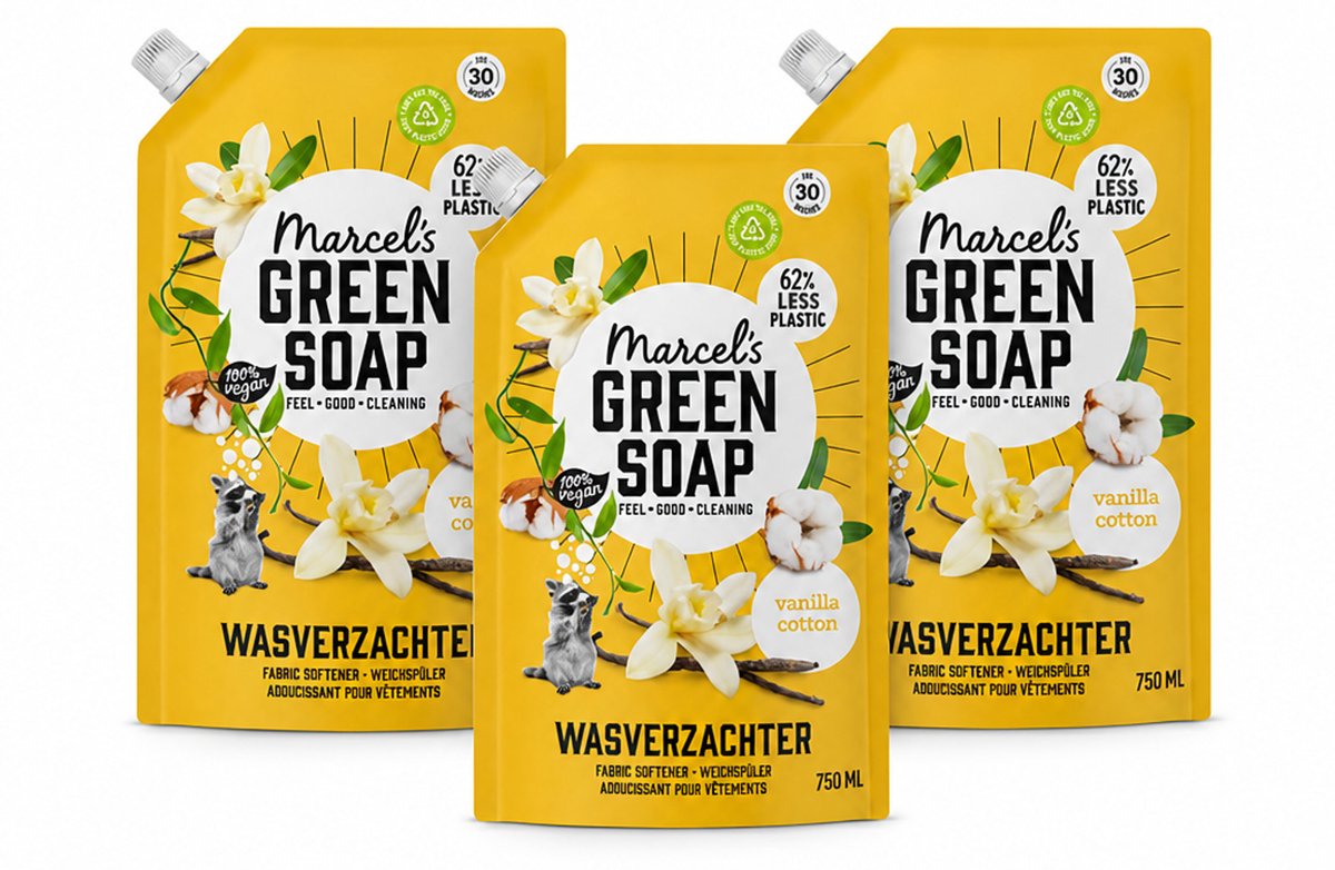 3 x Marcel's Green Soap - Wasverzachter - Navulling - Katoen & Vanille - Zachte frisheid- 30 Wasbeurten - 750 ml - Bulkverpakking - 3 stuks