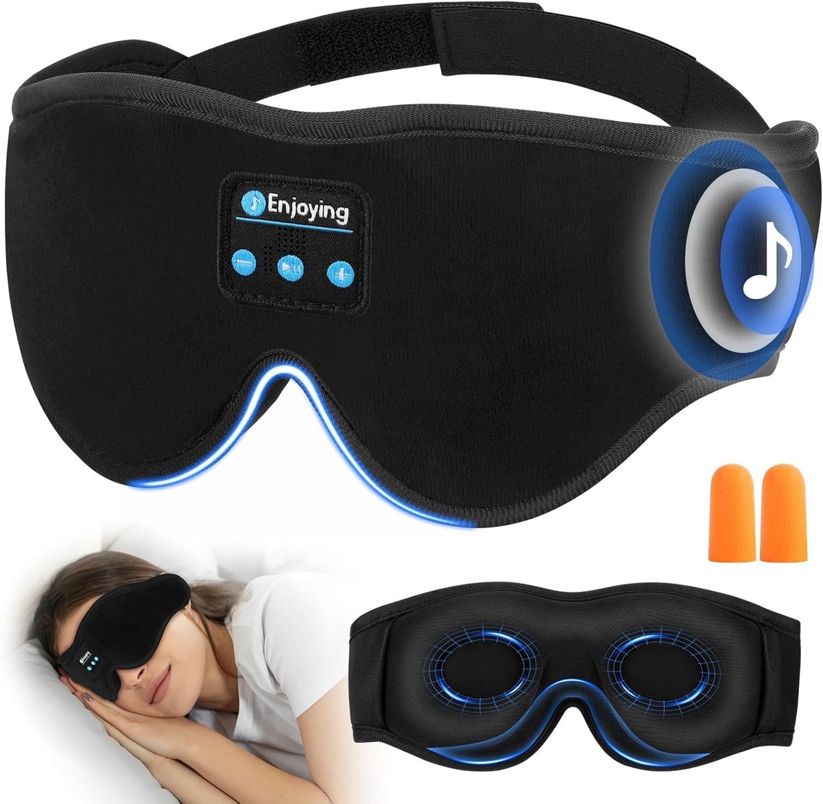 100% Blackout Bluetooth Slaapmasker, 3D Verstelbaar Oogmasker voor Diepe Slaap, Draadloze Hoofdtelefoon voor Ontspanning en Reizen