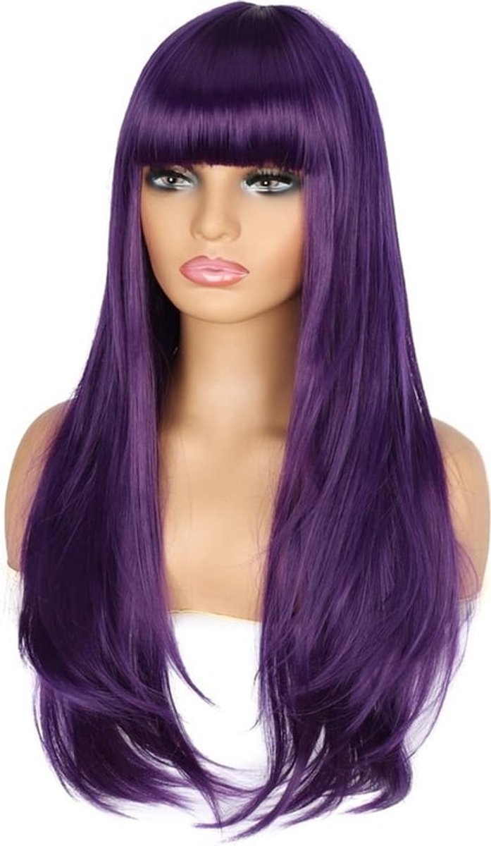 Lange Paarse Perucque voor Vrouwen, Gelaagd Recht Synthetisch Haar met Pony voor Cosplay, Feest en Halloween Kostuum